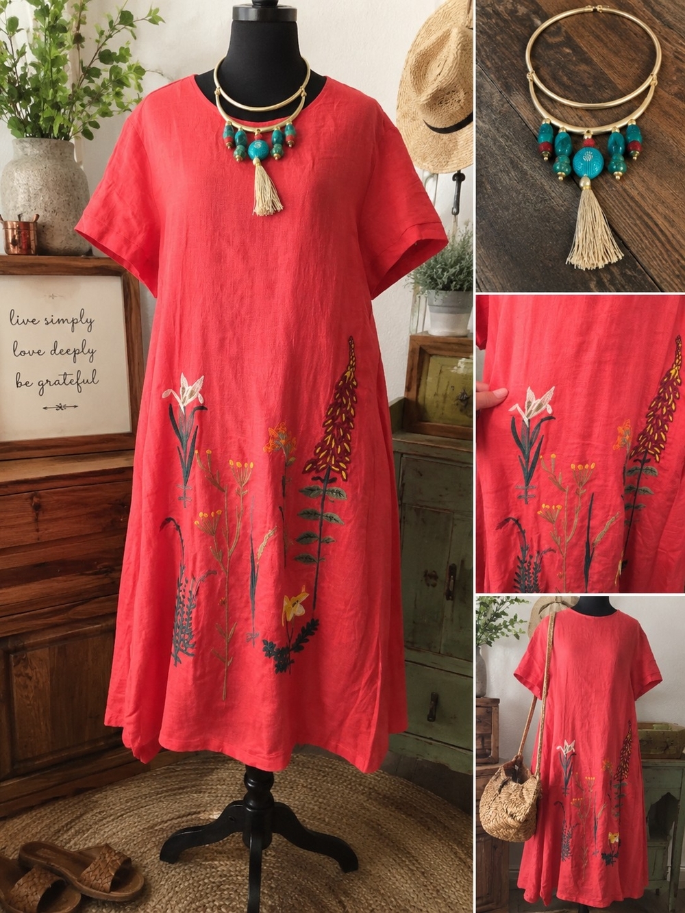 MINIBEE Coral Linen Embroidered Dress XL Boho Artsy Botanical Midi Maxi Loose
